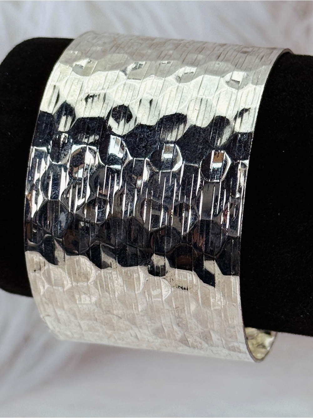 Wide Silver Cuff Bracelet Hammered Textured Reflective Statement Open Bangle